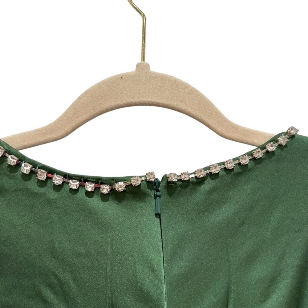 Mac Duggal Satin Puff Shoulder Rhinestone Gown Formal Party Prom #55702 Green 2 - Picture 13 of 15